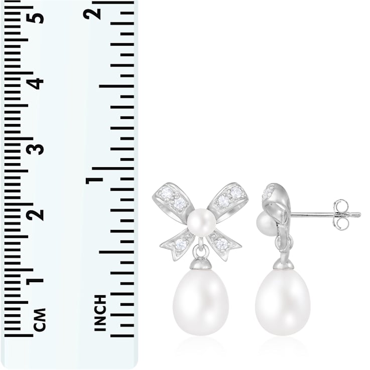 4.5-8.5mm White Cultured Freshwater Pearl and Cubic Zirconia Rhodium
Over Sterling Silver Earrings