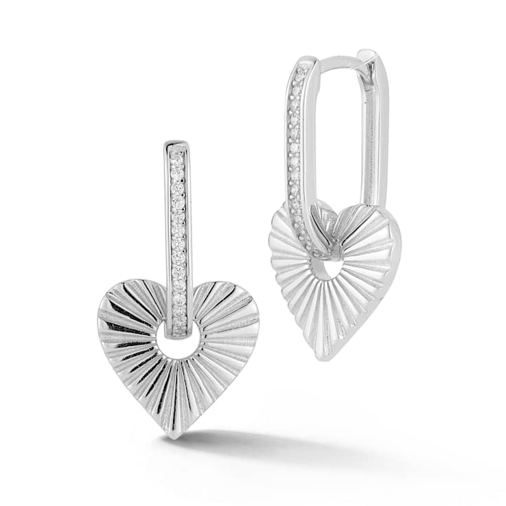 Rachel Zoe CZ Fluted Heart Charm Hoop Earrings in Rhodium Over Sterling Silver