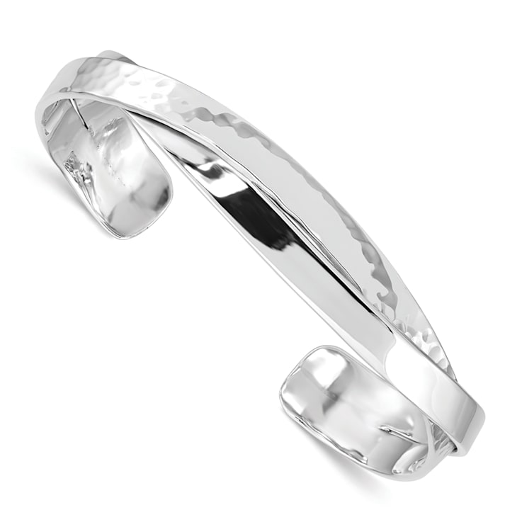 Rhodium Over Sterling Silver Plain 6mm Hammered Bands Cuff Bracelet