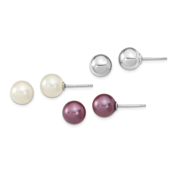 Rhodium Over Sterling Silver 8-9mm Plum/White Imitation Shell Pearl Post
3 Earring Set
