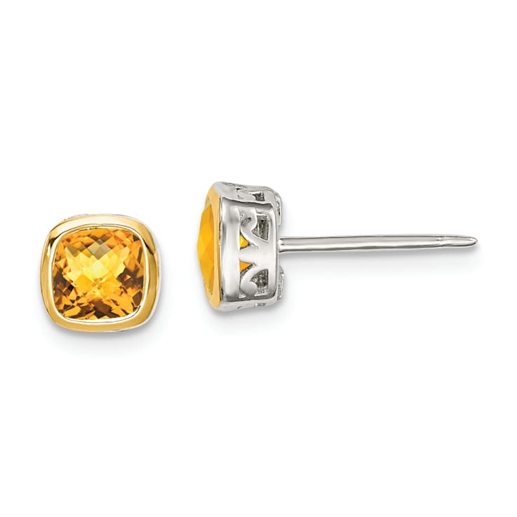 Rhodium Over Sterling Silver with 14k Accent Citrine Square Stud Earrings