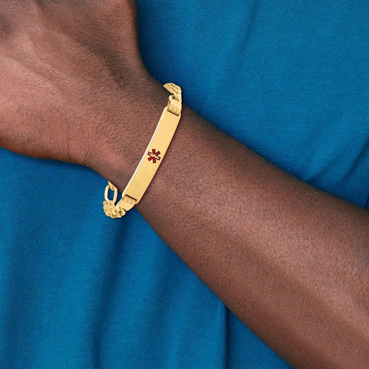 14k Yellow Gold Medical Red Enamel Figaro Link ID Bracelet
