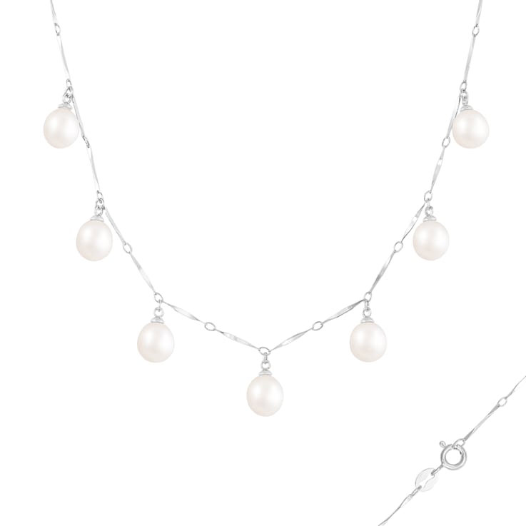 7-8mm White Cultured Freshwater Pearl Rhodium Over Sterling Silver Necklace
