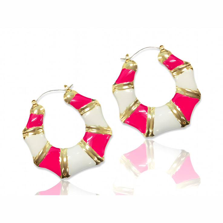 Gold Tone Pink and White Enamel Earring