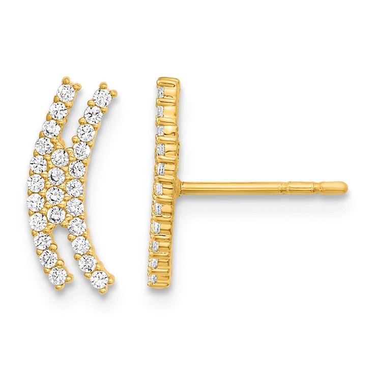14k Yellow Gold Polished Curved Bar Cubic Zirconia Stud Earrings