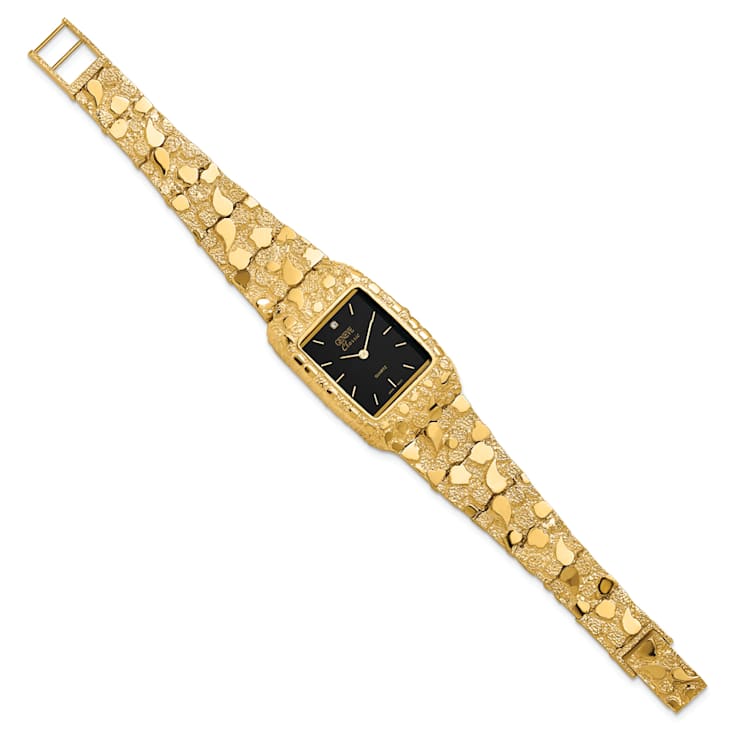 14k Yellow Gold Mens Squared Black 27x47mm Dial Solid Nugget Watch