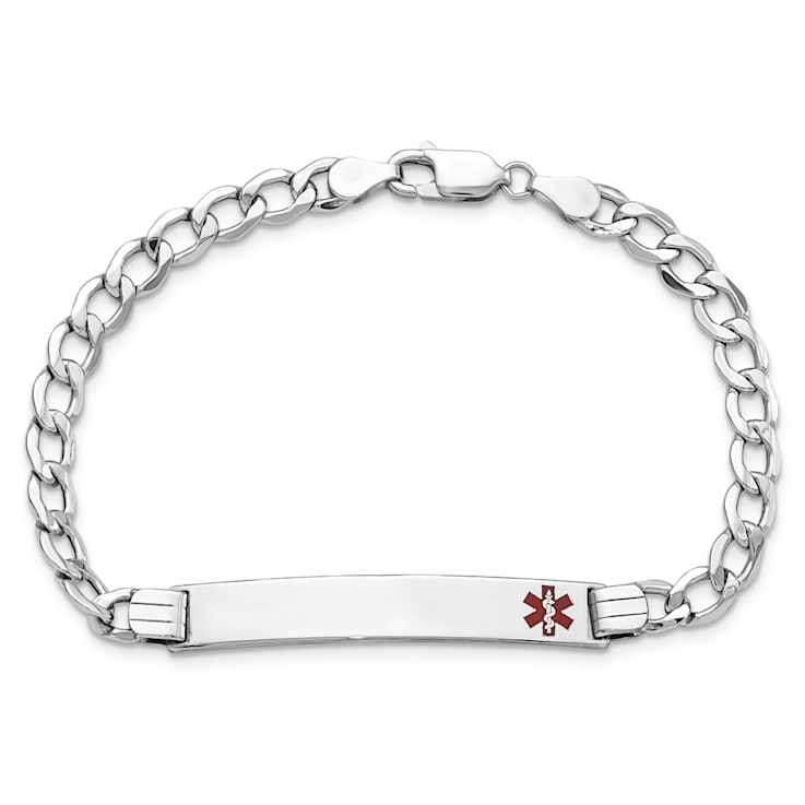 Rhodium Over 14k White Gold Medical Polished Red Enamel Curb Link ID Bracelet