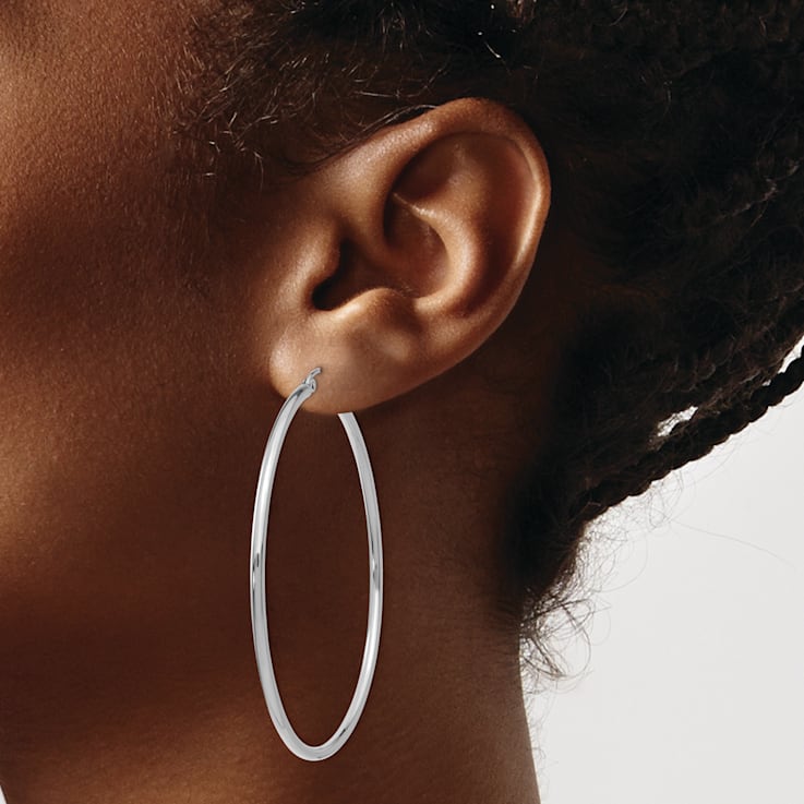Rhodium Over 14k White Gold Polished 2 3/16" Tube Hoop Earrings