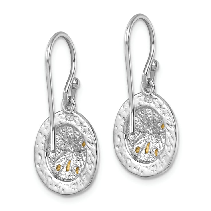 Rhodium Over Sterling Silver Two-tone Textured Sand Dollar Dangle Earrings