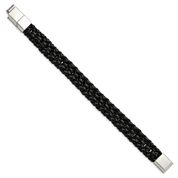 Black Leather and Stainless Steel Polished Black IP-plated with 0.5-inch
Extension Bracelet
