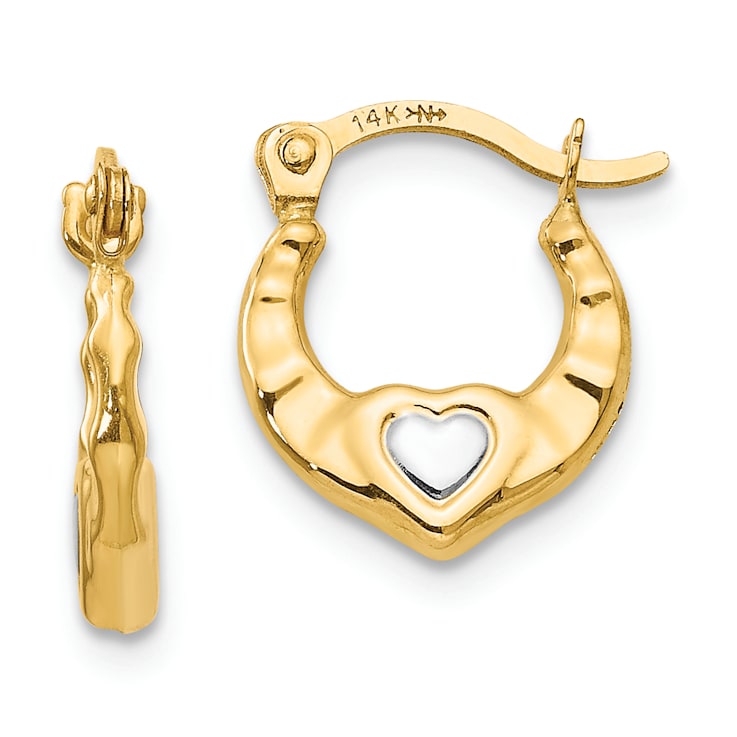 14K Yellow Gold with Rhodium Heart Hollow Hoop Earrings