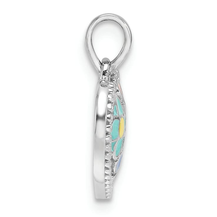Rhodium Over Sterling Silver Enameled Floral Heart Children's Pendant