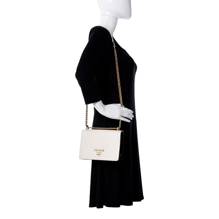 Prada Bianco White Black Saffiano Leather Chain Crossbody Bag 17YB9A