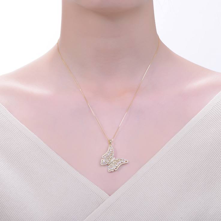 CZ Butterfly Pendant Necklace In 14K Gold Over Brass