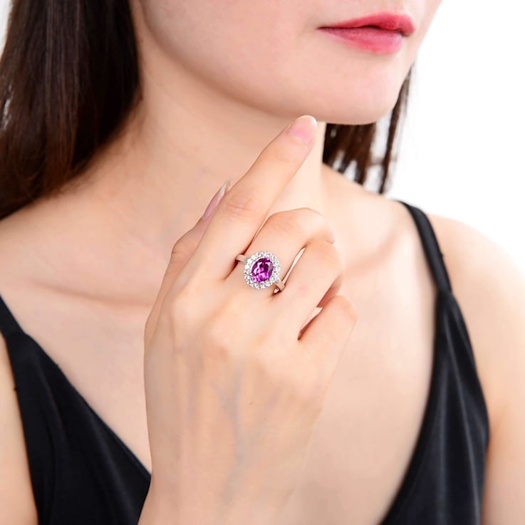 Purple Lab Created Sapphire with White Topaz Accents Sterling Silver
Halo Ring for Women