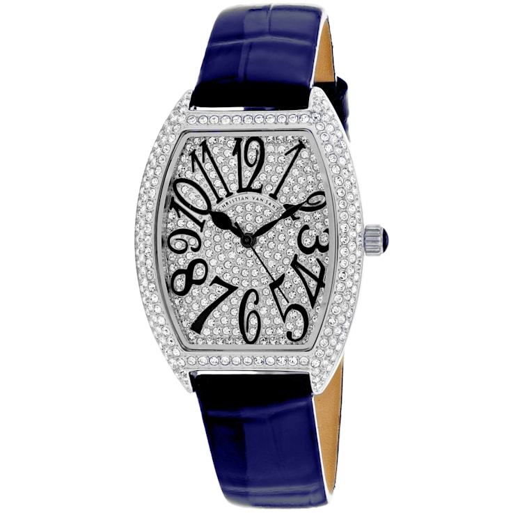 Christian Van Sant Women's Elegant White Dial, Blue Leather Strap Watch
