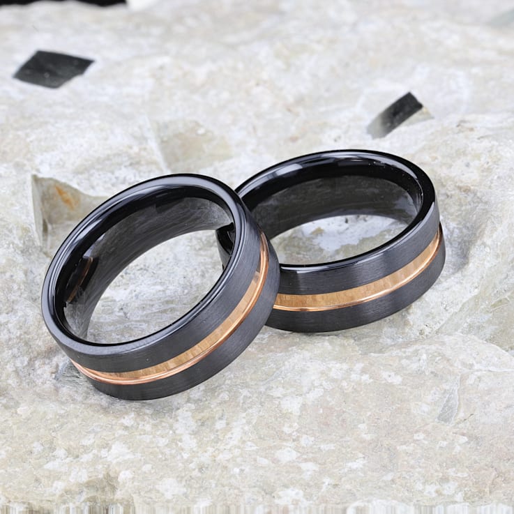 VENICE Black Ceramic Wedding Band with Rose Gold Groove 8mm