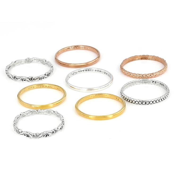 Tri-Tone Stacking Set Of 8 Band Rings In Sterling Silver