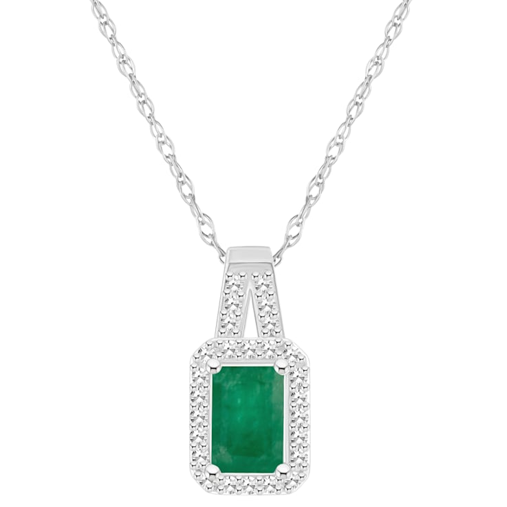 6x4mm Emerald Cut Emerald 1/8 ctw Diamond Rhodium Over Sterling Silver
Halo Pendant with Chain