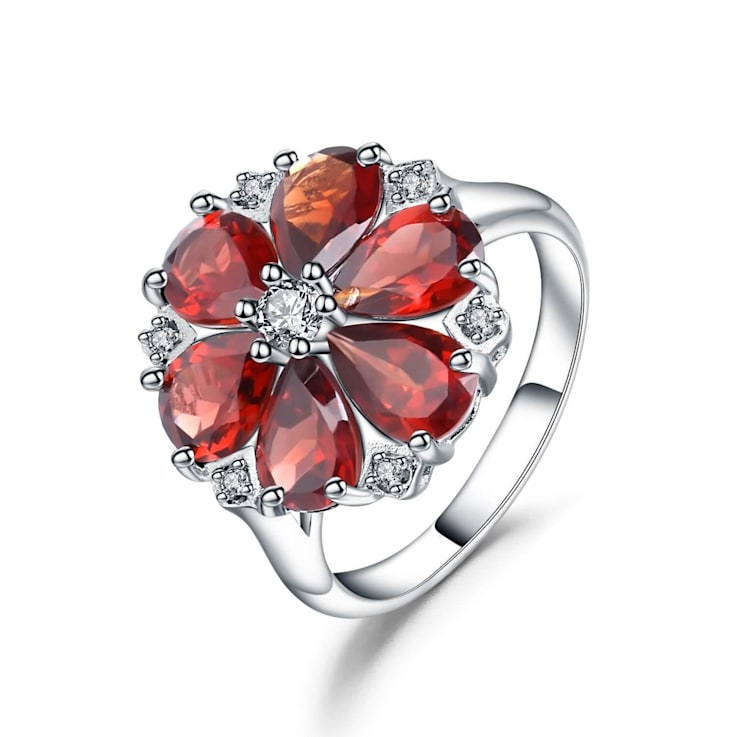 Pear Shape Garnet and Round White Cubic Zirconia Sterling Silver
Blooming Flower Design Ring