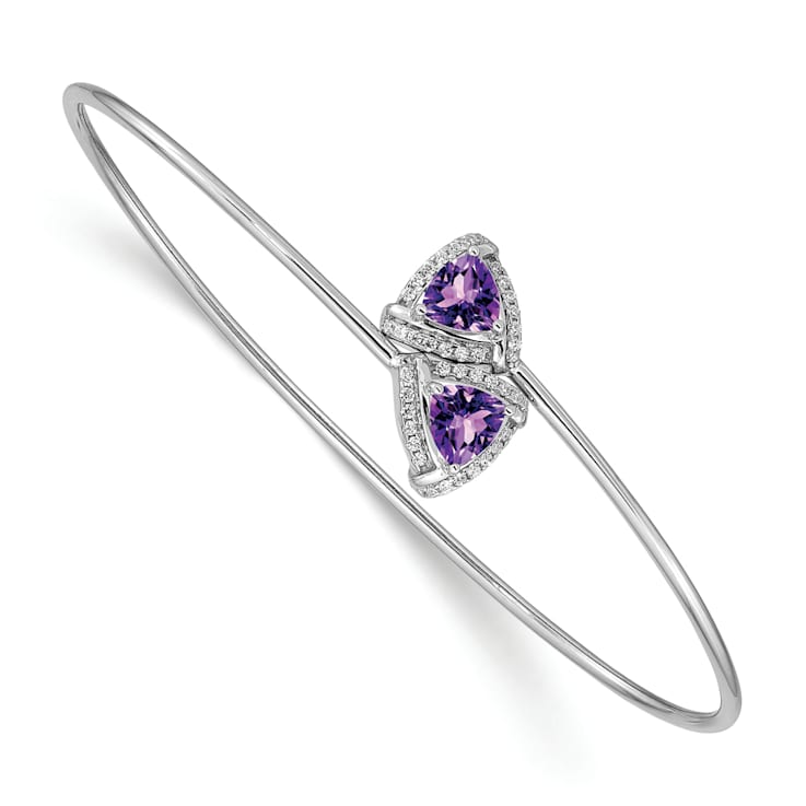 Rhodium Over 14k White Gold Amethyst and Diamond Flexible Bangle