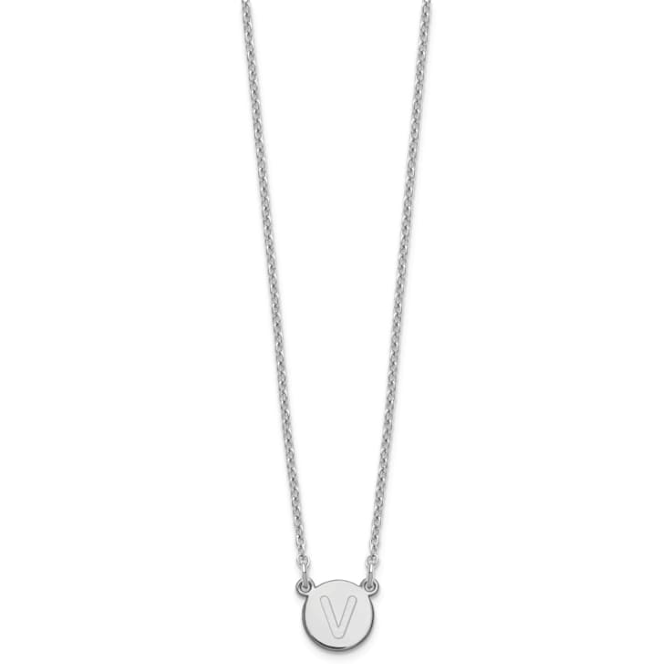 Rhodium Over Sterling Silver Tiny Circle Block Letter V Initial Necklace