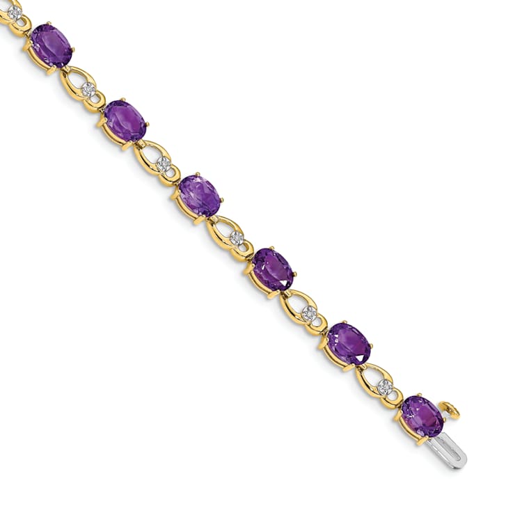 14K Two-tone Gold with Rhodium Over 14k Yellow Gold Amethyst and Diamond Bracelet