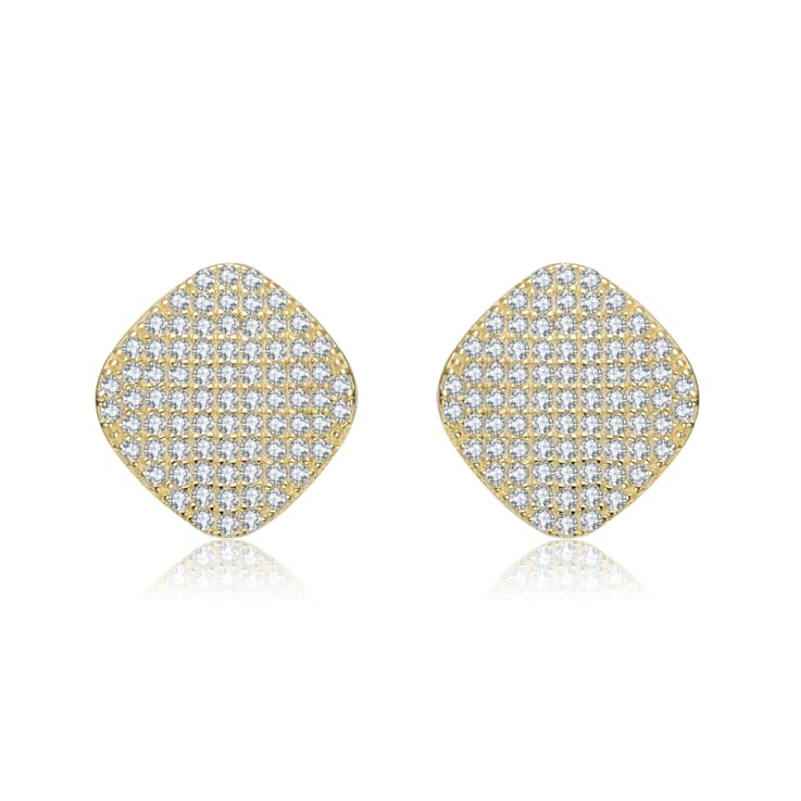 Pave CZ Square Stud Earrings In 14K Gold Over Brass