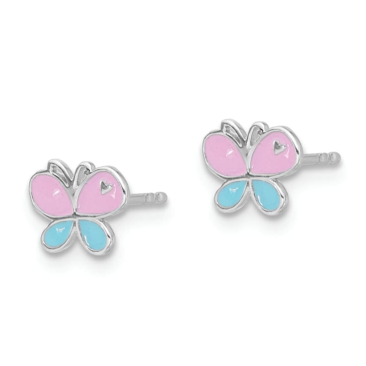 Rhodium Over Sterling Silver Blue/Pink Enamel Butterfly Children's Post Earrings