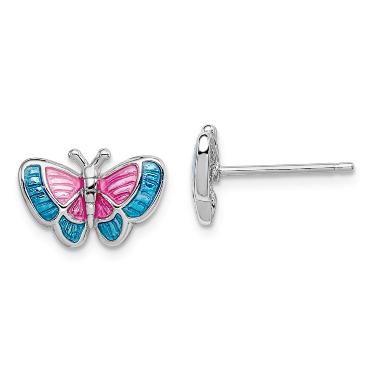 Rhodium Over Sterling Silver Enamel Butterfly Post Earrings