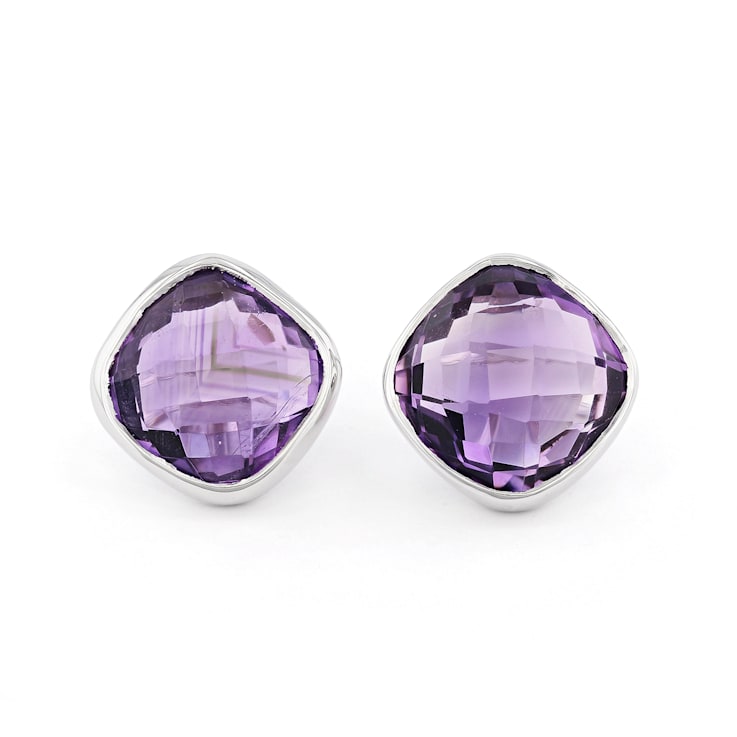 Large Amethyst Square Custsion Stud Earrings In Sterling Silver