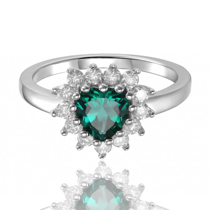 Heart Shape Lab Created Emerald with White Topaz Accents Sterling Silver
Ring, 0.93ctw