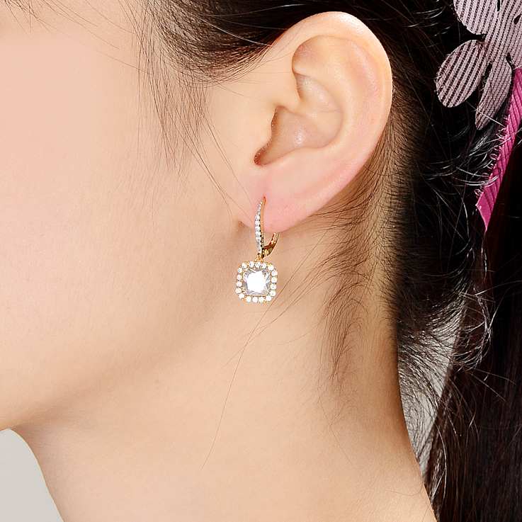 Square CZ Halo Drop Earrings In 14K Gold Over Sterling Silver