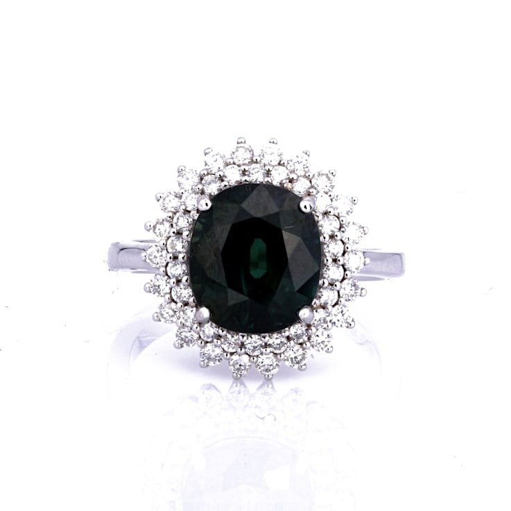 5.15 Ctw Green Sapphire and 0.70 Ctw White Diamond Ring in 18K WG