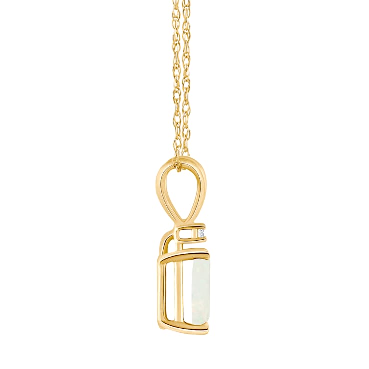 7x5mm Emerald Cut Opal with Diamond Accent 14k Yellow Gold Pendant With Chain