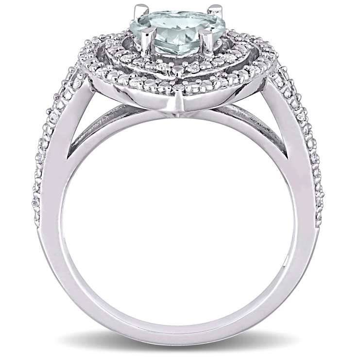 Aquamarine and Diamond 10K White Gold Halo Heart Ring 1.68ctw
