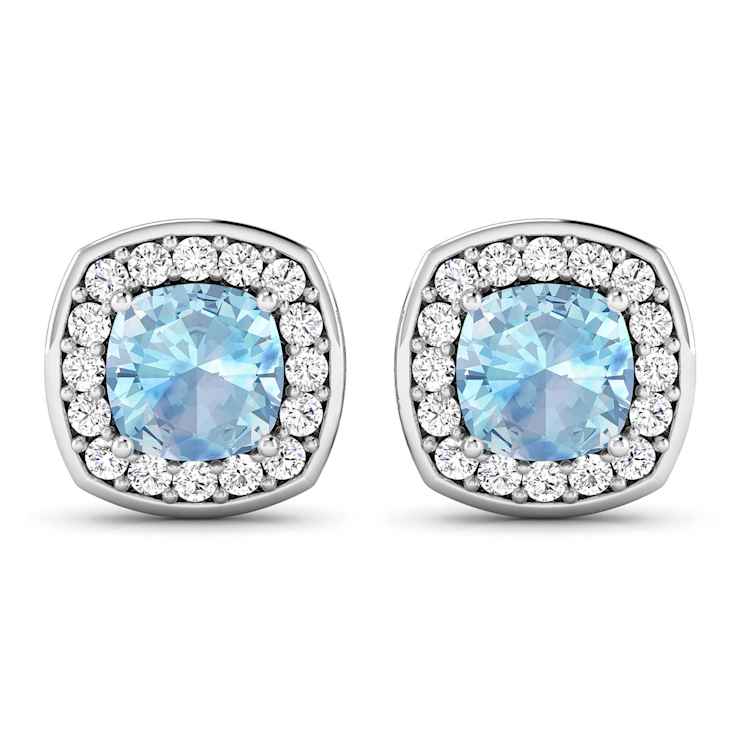 1.50ctw 14K White Gold Cushion Aquamarine and White Diamond Halo Earrings
