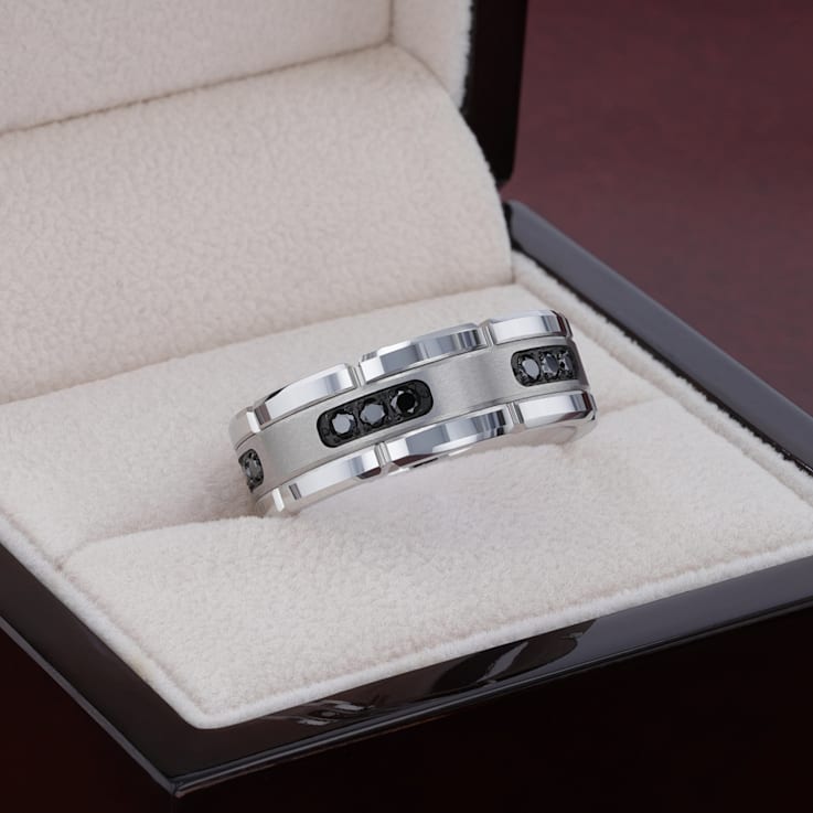 VALOR Grooved Tungsten Ring with Silver Inlay & Black Diamonds - 8mm
