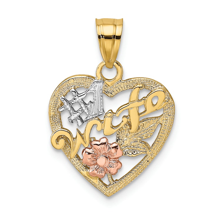14K Tri-color Gold Number 1 WIFE In Heart with Flower Charm
