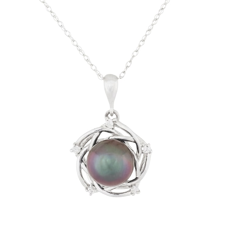 Black Cultured Tahitian Pearl and Diamond 14K White Gold Pendant 8-9mm