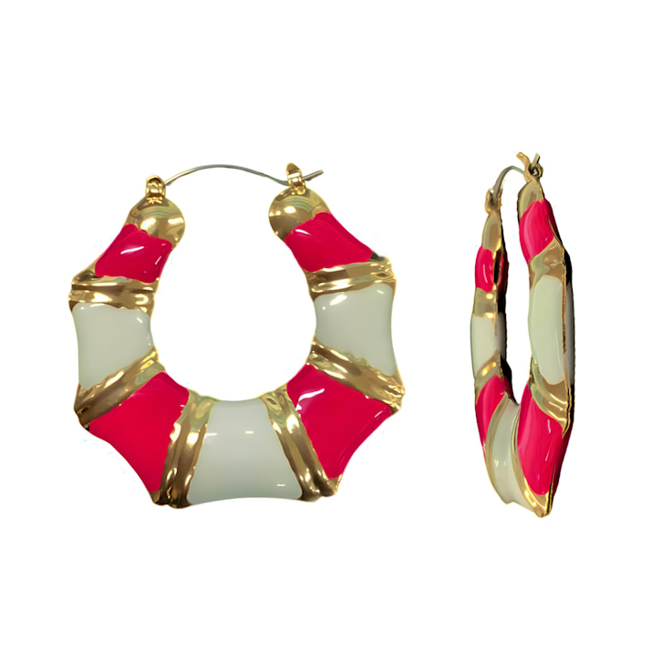 Gold Tone Pink and White Enamel Earring
