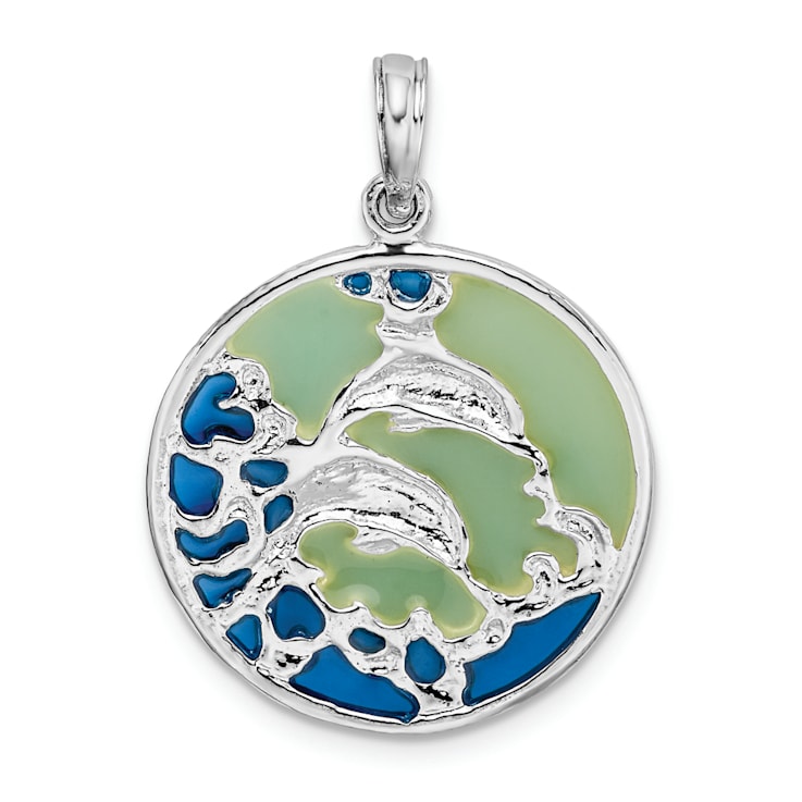 Rhodium Over Sterling Silver Polished Enameled Dolphins Pendant