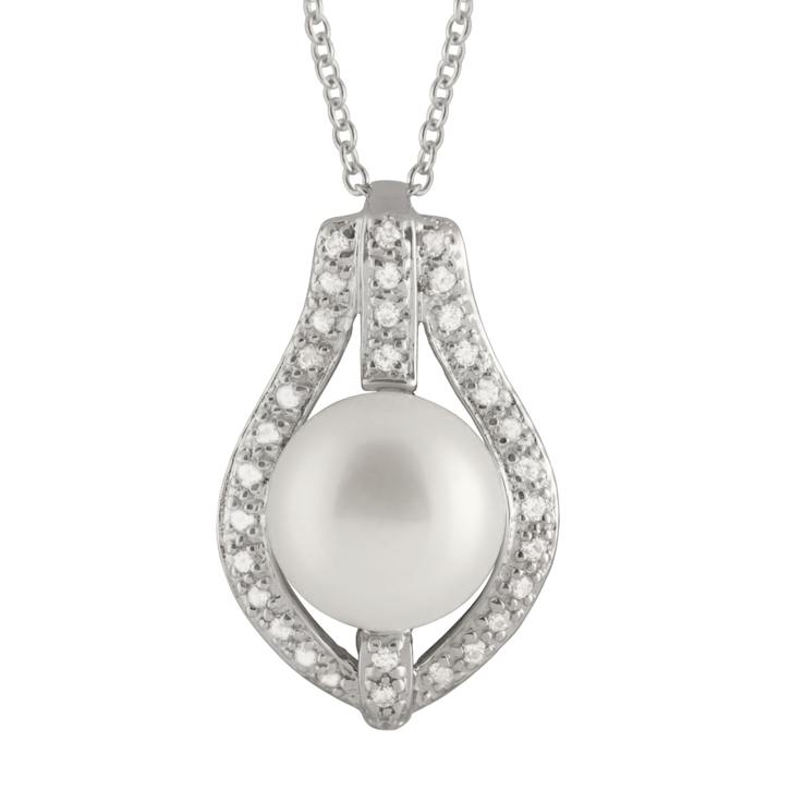 10-11mm Button White Cultured Freshwater Pearl and CZ Rhodium Over
Sterling Silver Pendant