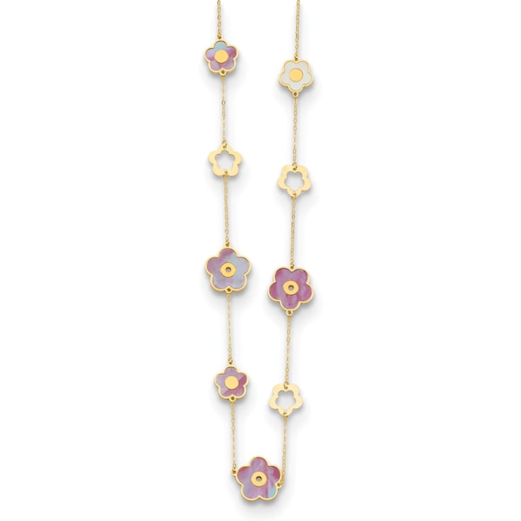 14K Yellow Gold Burgundy and White Mother of Pearl Flower 18 Inch Necklace