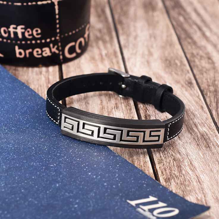 Mens Carbon Fiber, Stainless Steel and Black Leather Greek Key Bracelet