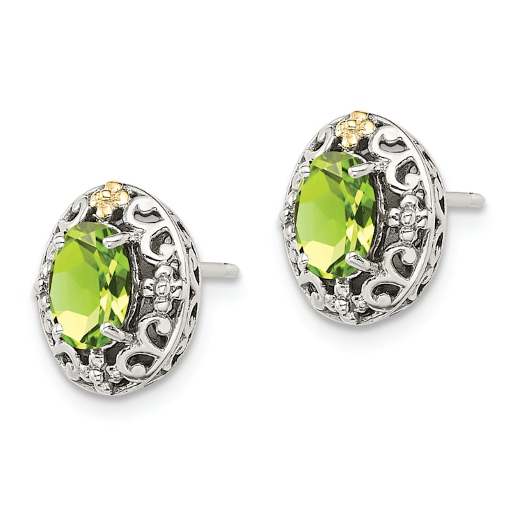 Sterling Silver with 14K Accent Antiqued Peridot Post Earrings