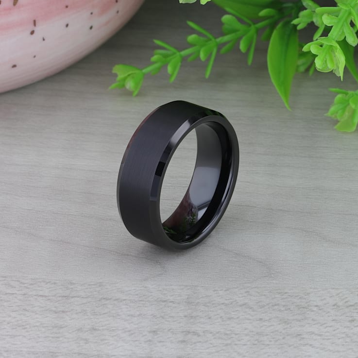 ELISE Black Tungsten Ring with Polished Beveled Edges and Brush Finished
Center 8mm