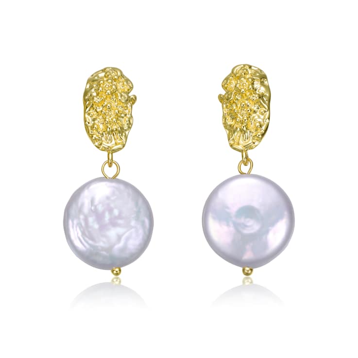Coin-Shaped Freshwater Pearl Drop Earrings In 14K Gold Over Sterling Silver