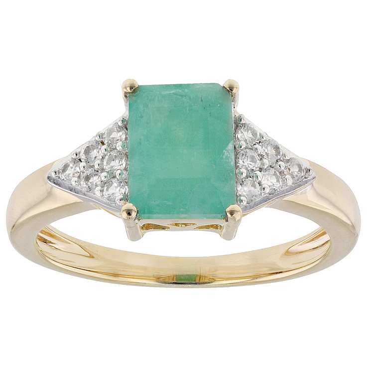 Emerald And White Zircon Ring In 18K Gold Over Sterling Silver 1.65ctw
