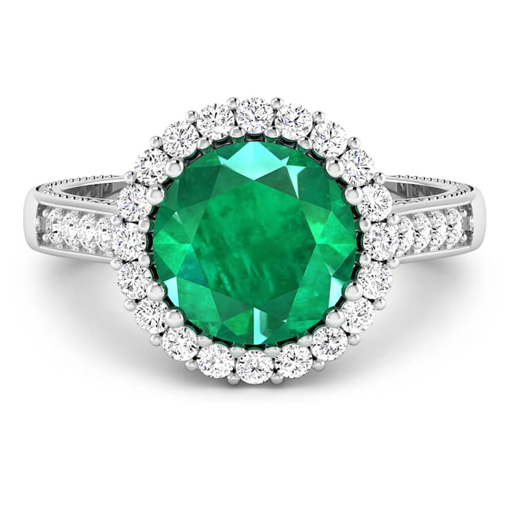 Round Green Emerald and Diamond 14K White Gold Halo Ring 3.29 ctw
